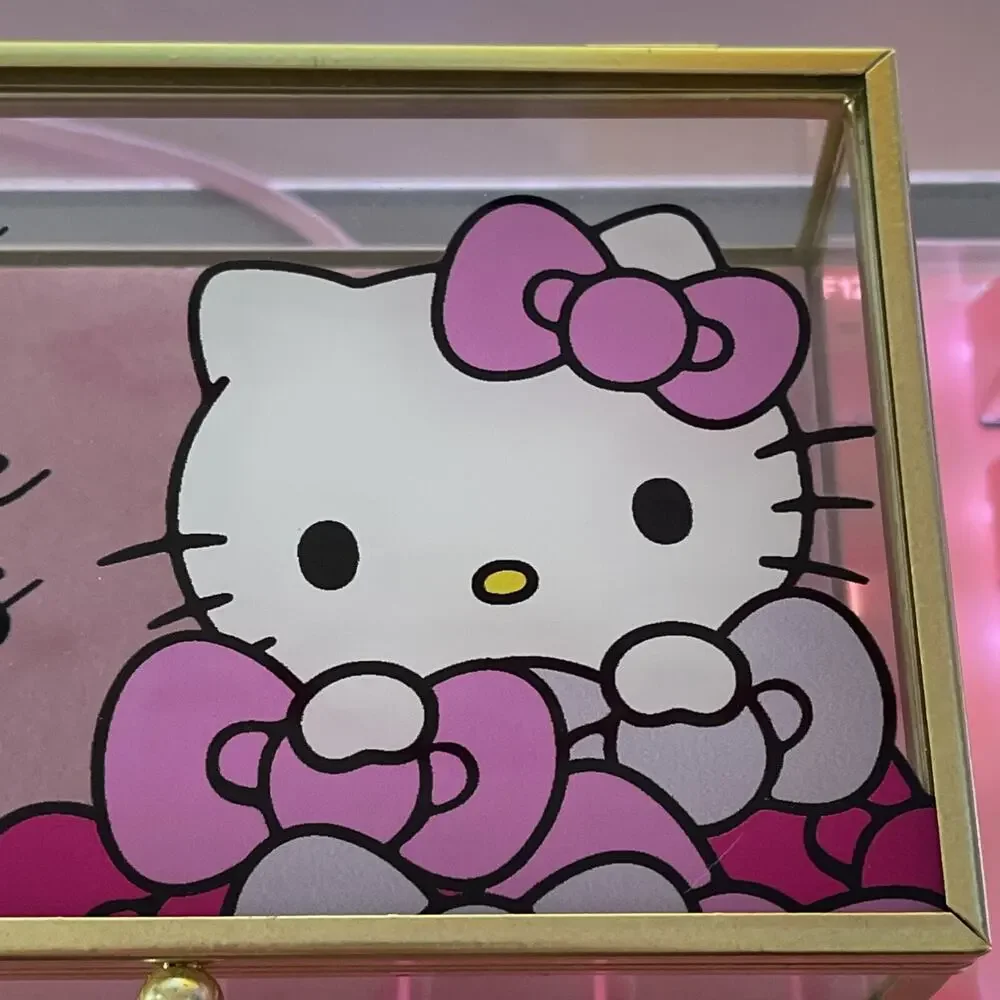 Hello Kitty Glass Jewelry Box Pink Lined Bottom Gold 6